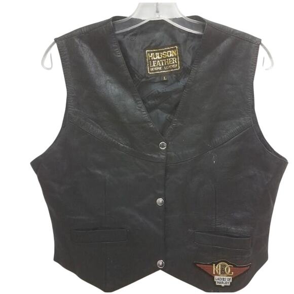 Hudson Leather Black Leather Vest Size L Harley-Davidson Patches Biker - Picture 1 of 3